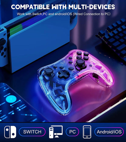 Controller 7039 for Switch with RGB Lights,Turbo,Wake-Up Function,Supports Multi-Platform&App Control,Transparent Gamepad